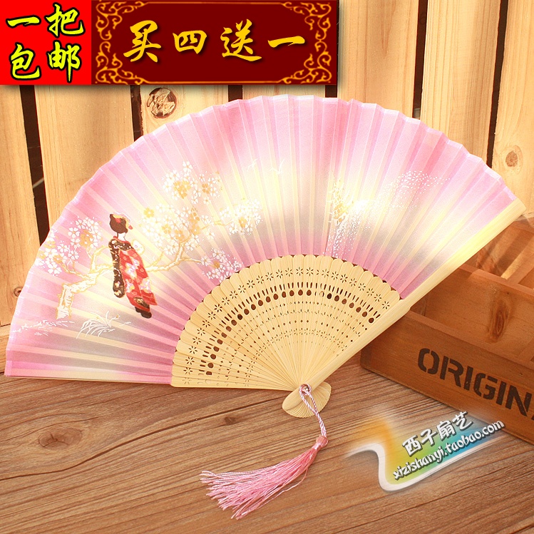Fan Folding Fan Japanese Characters Pink Fan Scallop Female style Silk Fan Craft Gifts Fan Cherry Blossom Day Style