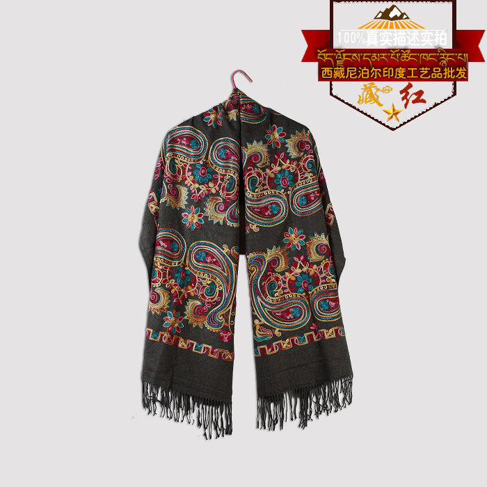 Tibetan Red Nepal Cashmere Embroidery Lattice Mulberry Flowers Great Wall Veins Shawl Shoulder Autumn Winter Sun Protection Warm National Wind Scarves