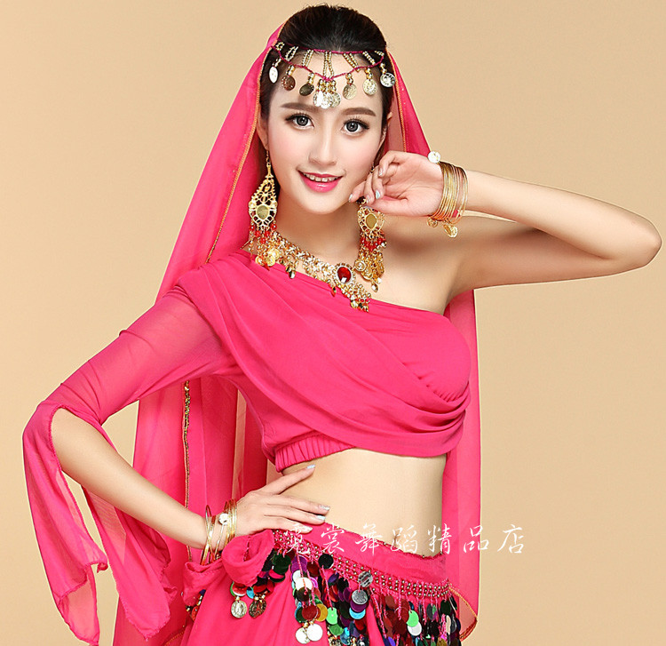 Belly dance clothing mesh top Indian dance belly dance practice clothing performance clothing one-shoulder rhinestone top