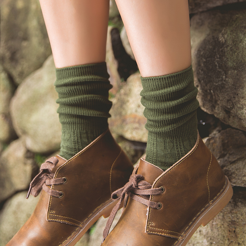 Dengyuan Double-Needle Socks for Women, Japanese Style Solid Color Slouch Socks, Korean Style Harajuku Mid-Calf Cotton Socks, Short Boot Socks, Long Socks