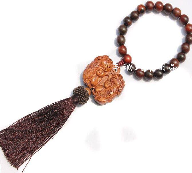 汽车挂件 挂饰 貔貅叼财 佛珠吊挂平安吉祥 招财避邪木双貔貅挂饰