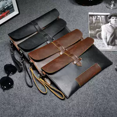 2021 new men's handbag retro casual men's clutch personality design handbag crazy horse leather mobile phone bag