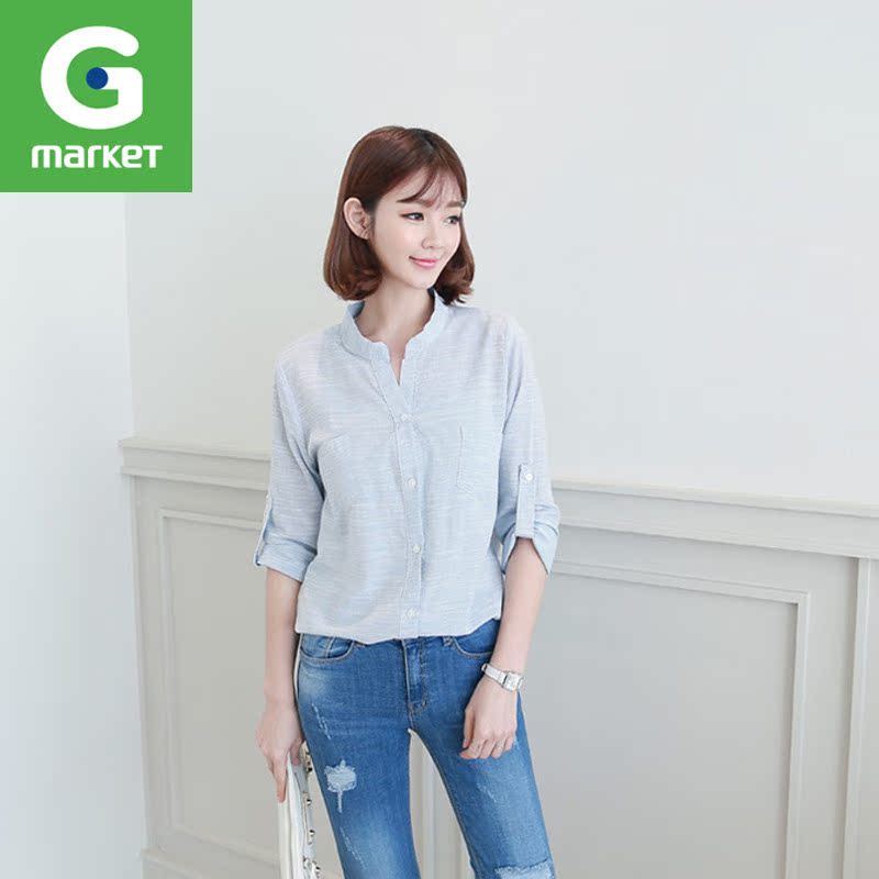 韩国新品 女装[Clicknfunny]亨利领圆领休闲纯色百搭棉长袖衬衫