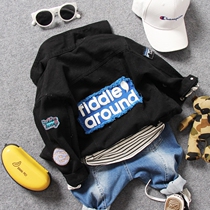 Child Black Denim Jacket Spring Autumn Boy Kid Wide Shoulder Cuff Loose Patch Cloth Embroidered Jacket Cardiovert