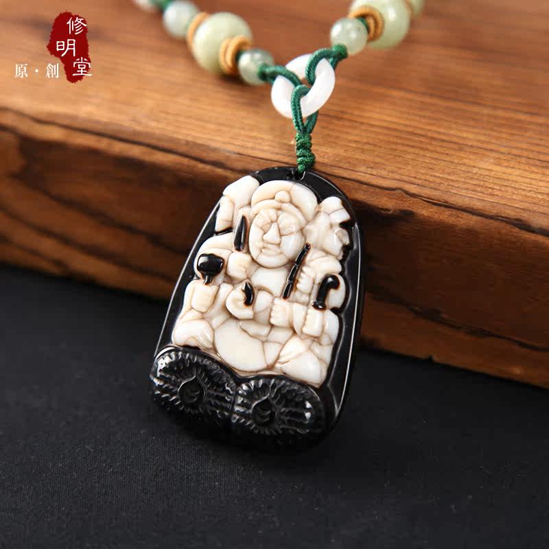 修明堂 大黑天三面大财神吊坠 冰种黑曜石密宗财神 阴山白玉财神