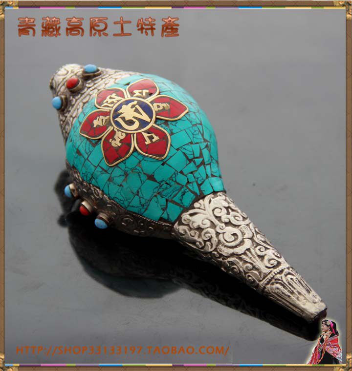 Nepal imports outsourcing Tibetan silver inlaid with turquoise six-character mantra right-handed white conch tantric instrument
