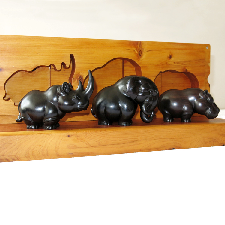 Black wood original African behemoth three sets of inlaid display of the elephant rhino hippo