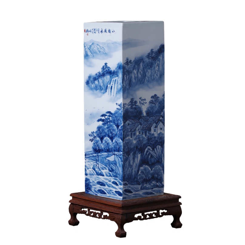 The Master of jingdezhen ceramics hand - drawn square large vases, flower blue water bridge, study of office furnishing articles