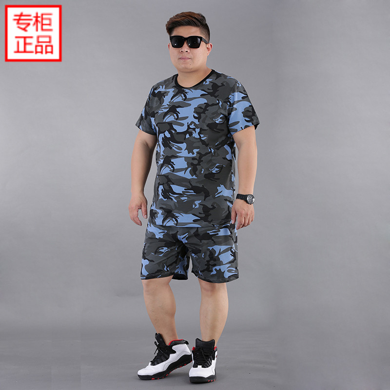胖子7分中短裤套装男夏休闲运动服迷彩肥佬短袖T恤加肥加大码胖人