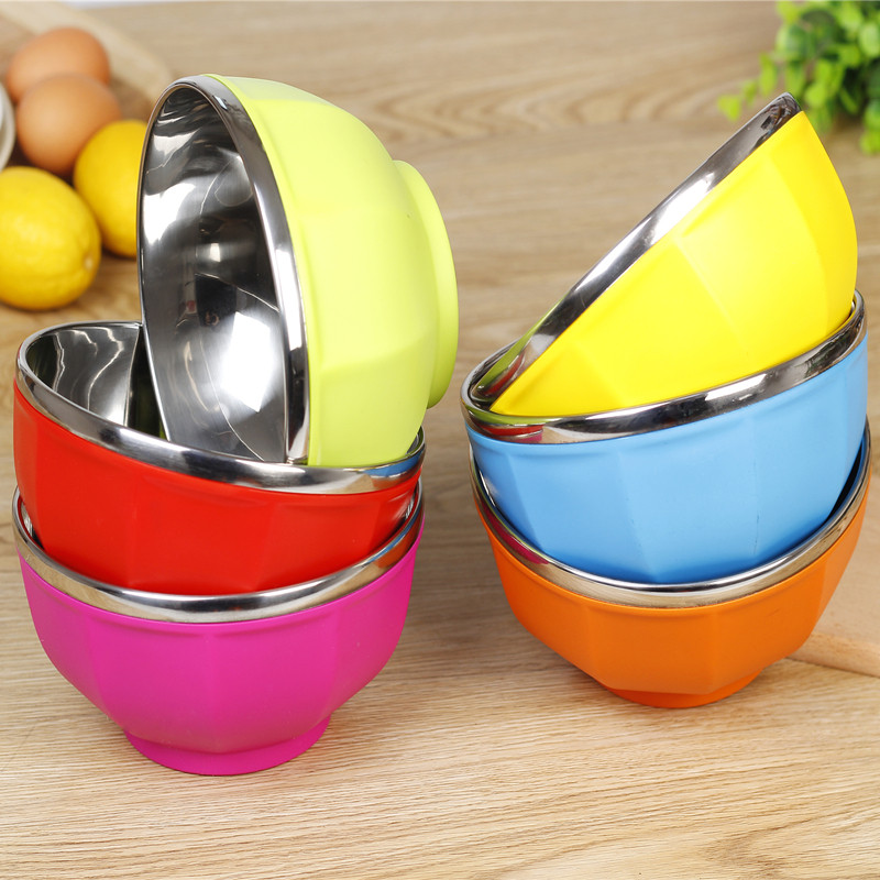 不锈钢碗彩色碗双层隔热防烫碗儿童可爱防摔学生创意碗家用米饭碗