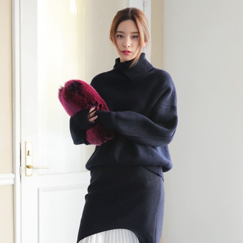 韩国stylenanda官方正品 百搭纯色开衩高领针织衫-海军蓝色