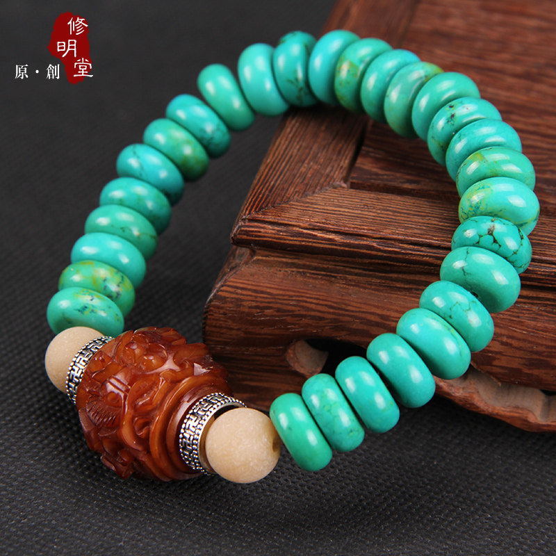 修明堂 开光行运男女款手串手链 优化绿松石算盘扁珠 牦牛骨手串