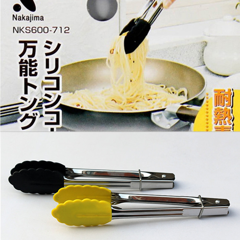 日本硅胶防滑食物夹不锈钢食品夹面条面包蔬菜野餐烧烤煎牛排夹