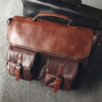 New mens bag trendy fashion briefcase retro multi-pocket file bag casual A4 handbag single shoulder inclined satchel bag