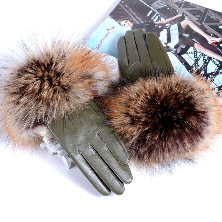  Raccoon Fur Genuine Leather Gloves Lady Winter European Station Goat Leather Gloves Leather Grass Gloves Women