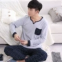 Bộ đồ ngủ nam mùa xuân và mùa thu cotton dài tay áo trẻ trung Bộ đồ ngủ cổ tròn XL Bộ dịch vụ tại nhà shop thời trang nam