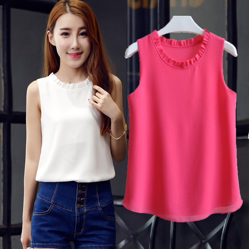 New Style Ruffled Collar Chiffon Tank Top Slimming Trendy Women's Top Solid Color Loose Sleeveless Versatile Base Camisole