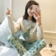 Phiên bản Hàn Quốc của đồ ngủ nữ mùa hè cotton dài tay dễ thương mùa xuân và mùa thu phục vụ tại nhà cho sinh viên tươi tắn Bộ đồ hai mảnh có thể mặc ngoài cổ tròn
