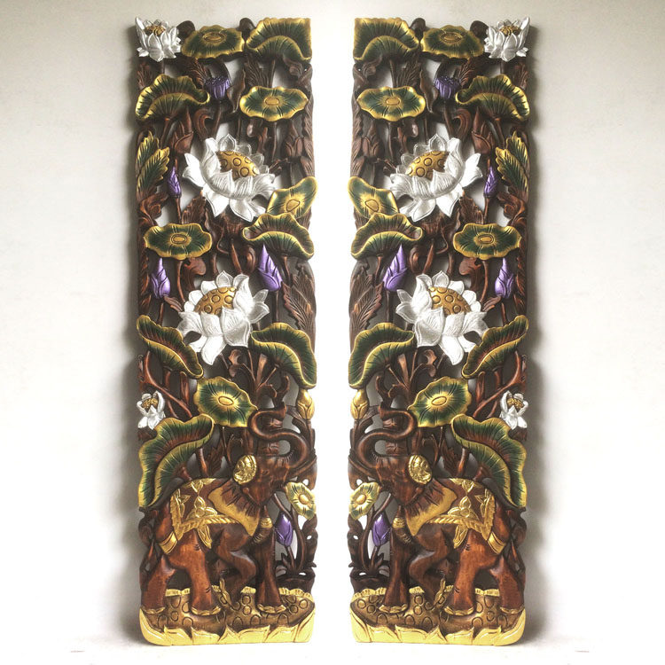 Ex-gratia Thai Real Wood Carved Lotus Elephant Gold Leaf Hanging Screen TV Background Decoration Wall-mounted Xuanguan Hand Colored Drawing Living Room