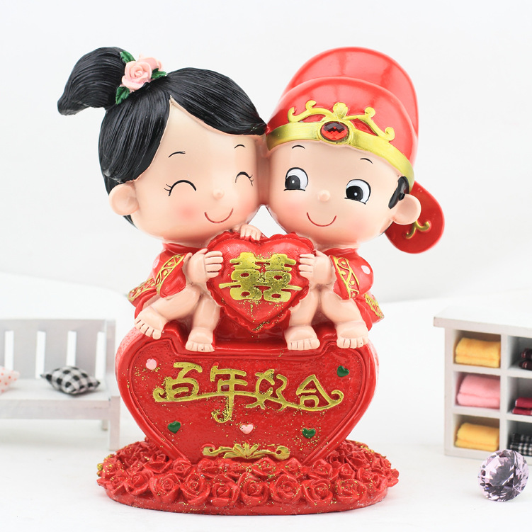 百年好合喜庆新郎新娘结婚送人礼品汽车摆件车内饰品公仔车品装饰
