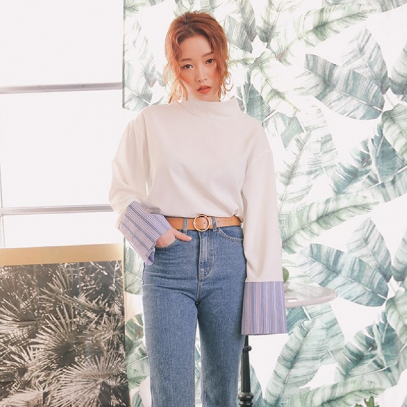 韩国stylenanda官方正品 配色条纹加宽袖口and立领衬衣