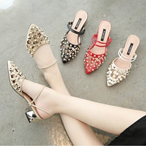 Korean version of one shoe two wear womens sandals cool womens summer wear fashion thick heel rivets hollow shoes