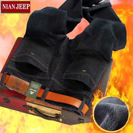 NIAN JEEP加绒牛仔裤男裤 秋冬加厚男士直筒牛仔裤宽松休闲长裤子