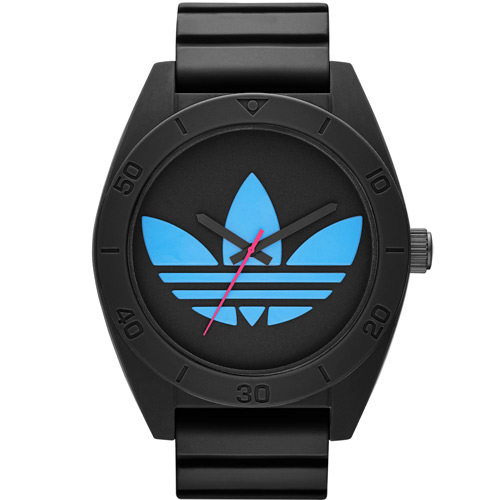 台湾官网直邮进口adidas 萤光狂潮?抢眼鲜艳三叶草矽胶腕表-黑x蓝