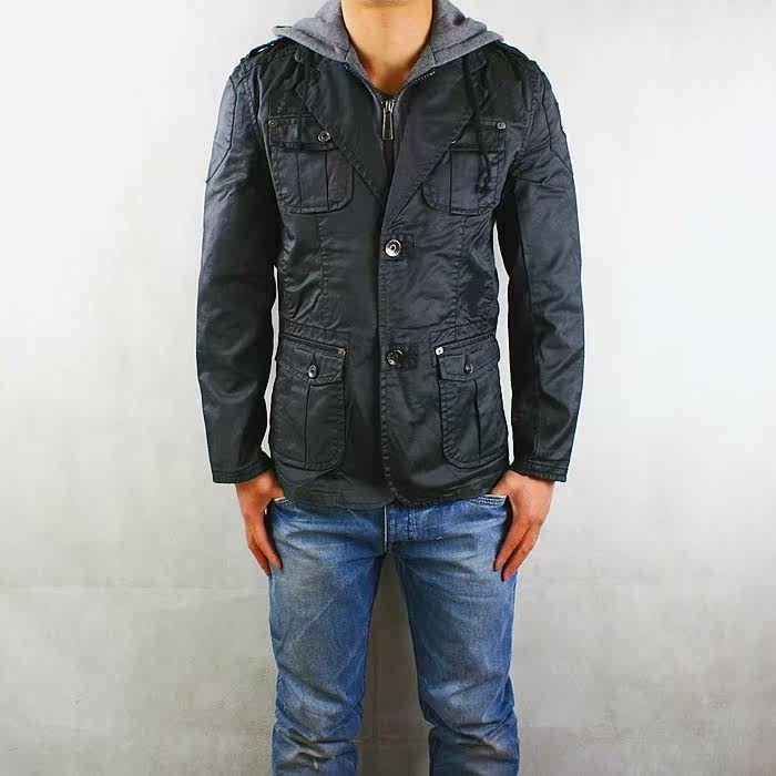 Men's multi-pocket jacket jacket fake two overweight slim fit men into