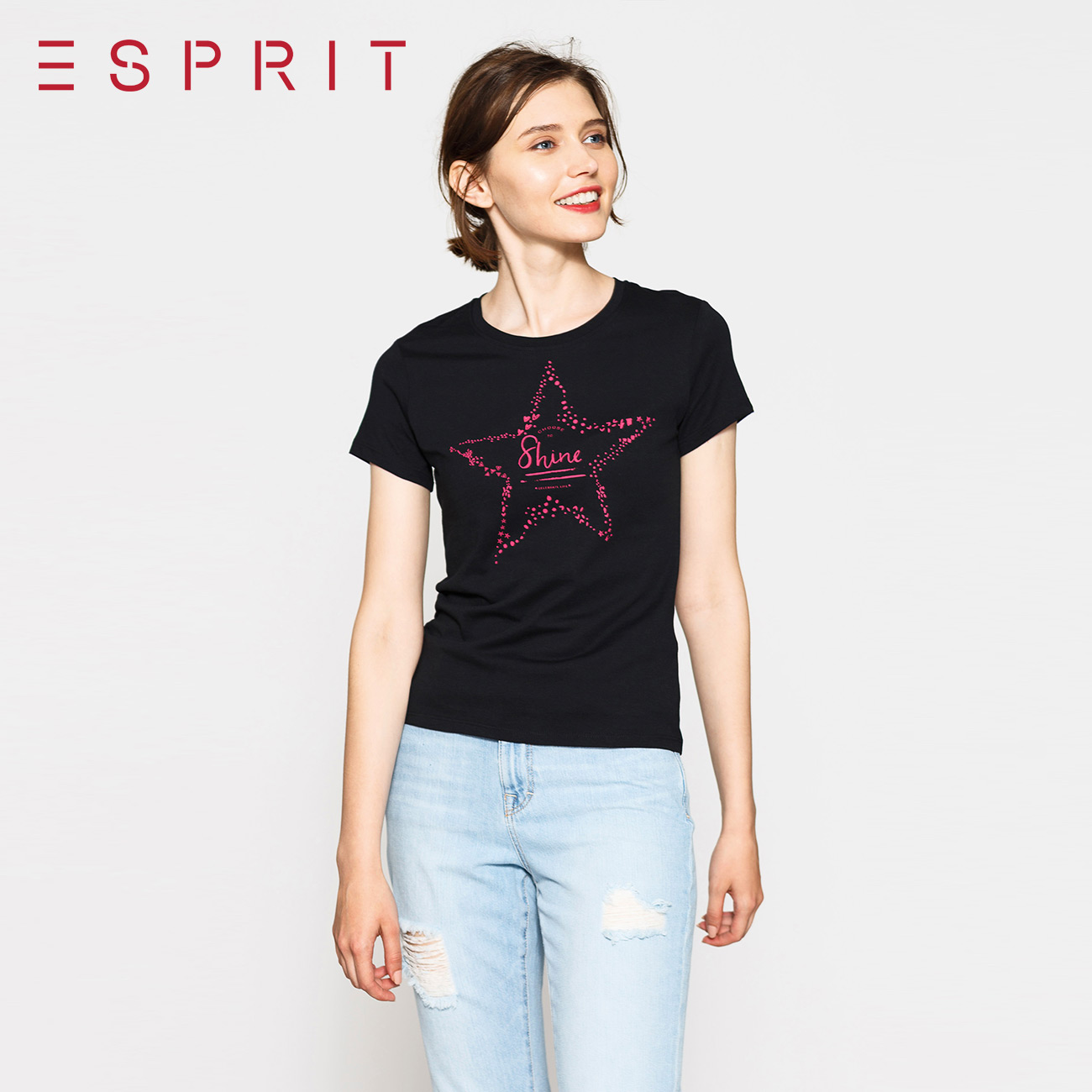 ESPRIT EDC女装2017秋新品时尚印花圆领款短袖T恤-077CC1K028