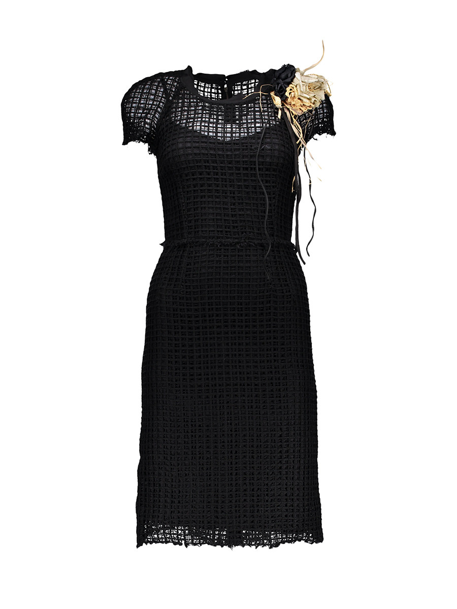 Dolce&Gabbana 黑色花朵网格镂空饰短袖连衣裙