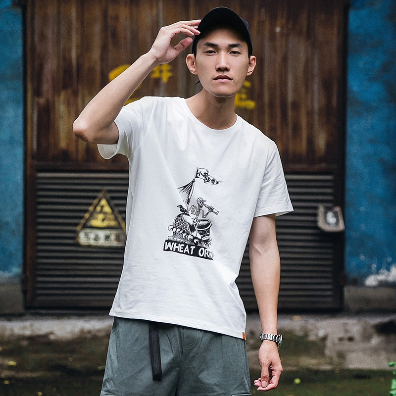 小麦一番 原创街头涂鸦宽松圆领纯棉短袖t恤 印花潮流日系男装