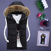 Autumn-winter-style lovers down cotton Machia mens Korean version Pure color fur collar Even hat Youth big code mens dress sleeveless jacket