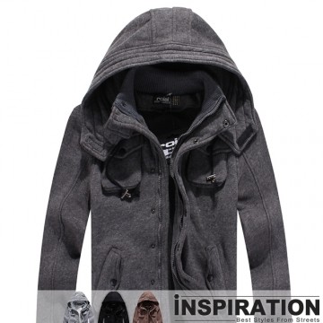 INSPIRATION 韩系立体口袋排扣连帽厚刷毛军装外套情侣款 A88027