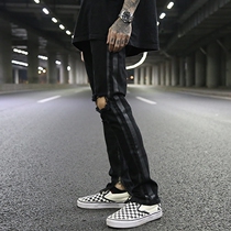 INS same KANYE European and American High Street wind two bars black hole zipper small foot slim trendy men jeans