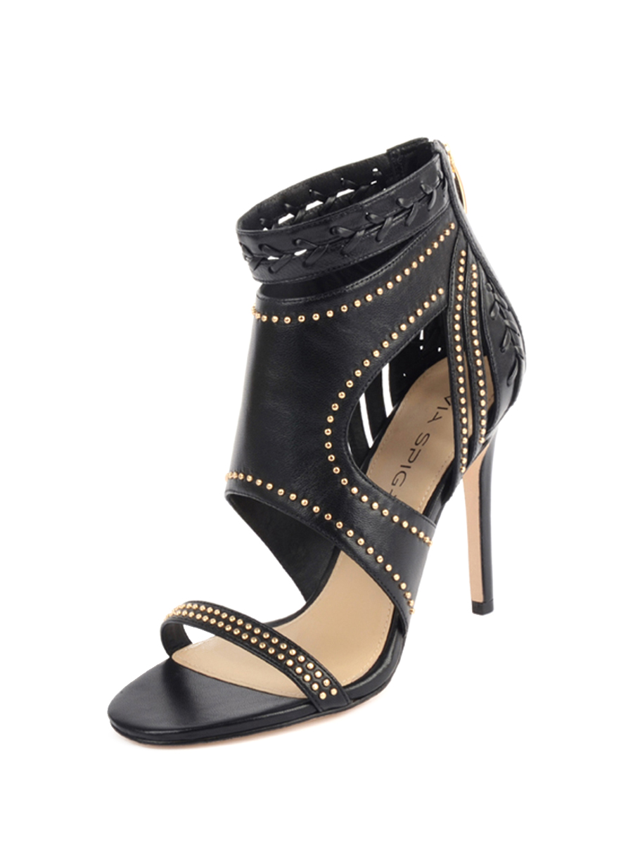 Via Spiga 黑底金钉珠襻带镂空饰高跟鞋