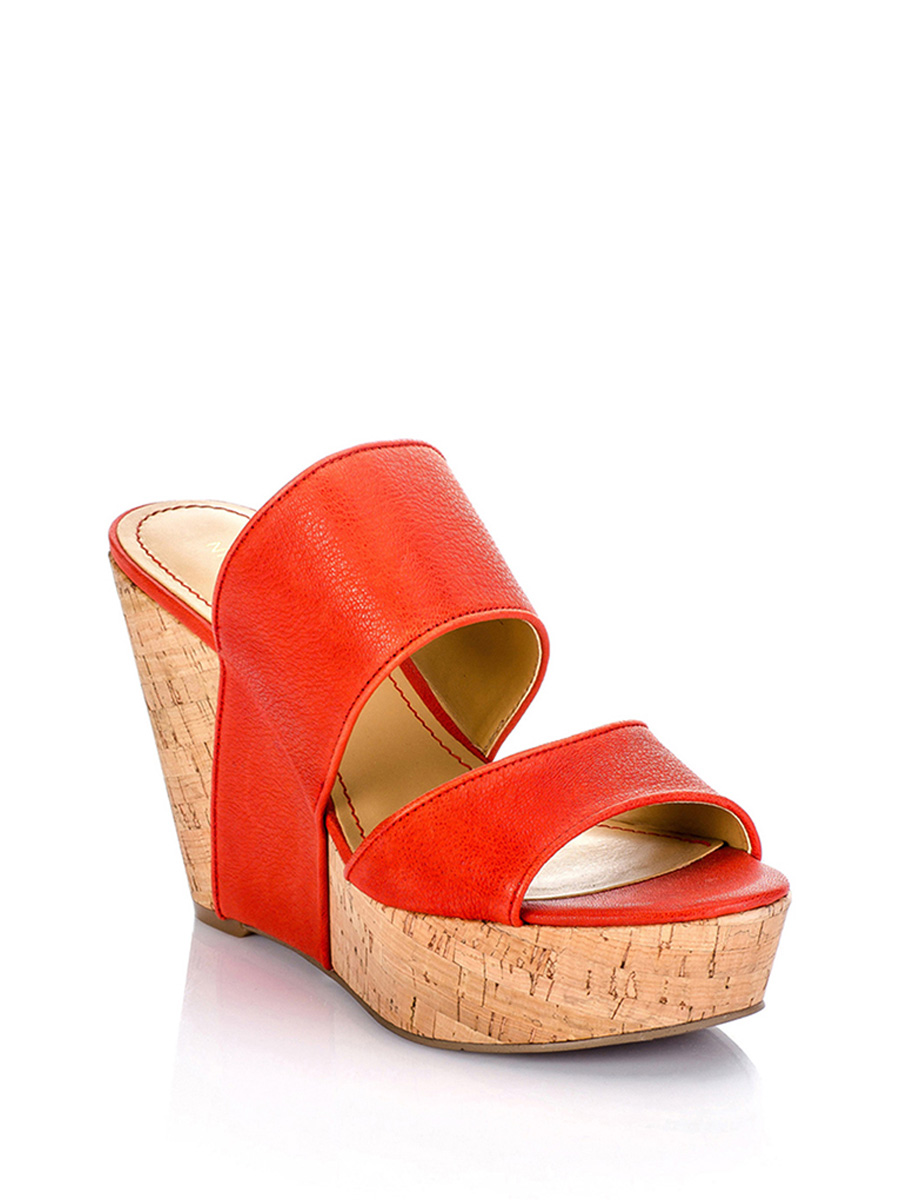 Nine West/玖熙 红色双横仿木质坡跟凉拖