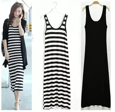 Summer Joker Vest Sling Solid Color Base Mop Long Dress Modal Black and White Striped Sleeveless Dress