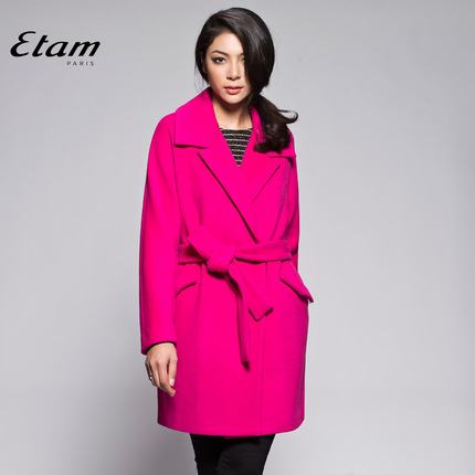 艾格Etam W 纯色翻领系带中长大衣外套女140134091吊牌价1199元