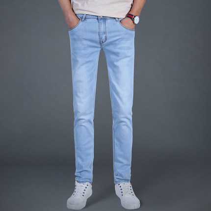 狼客犀牛修身小脚浅蓝色牛仔裤男夏季薄款弹力