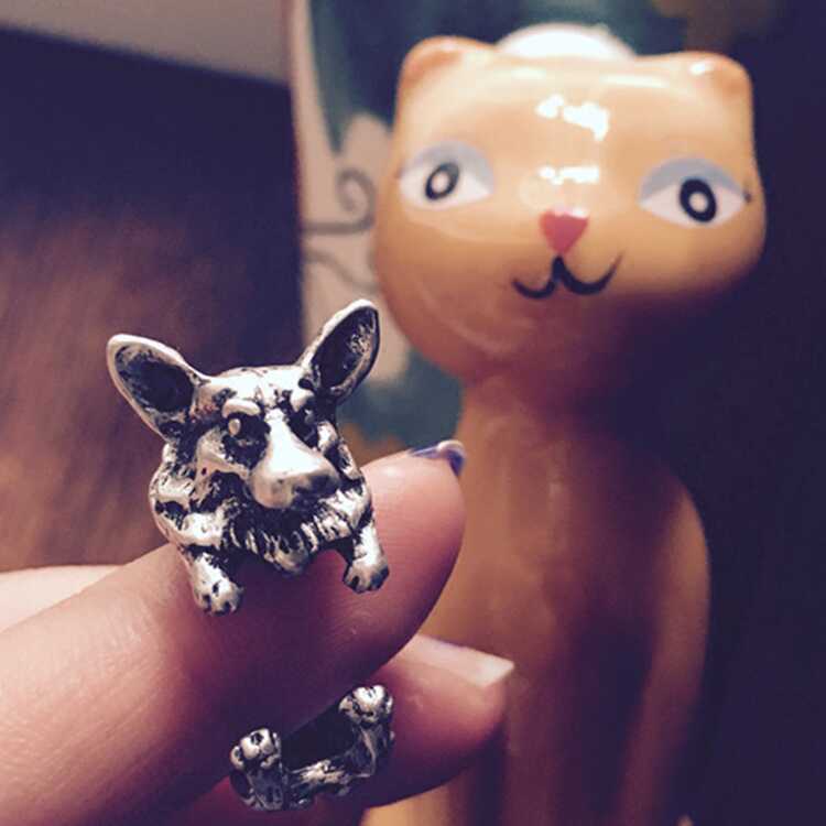 小狗柯基犬戒指复古港风指环可调节动物尾戒小众特别异形趣味礼物