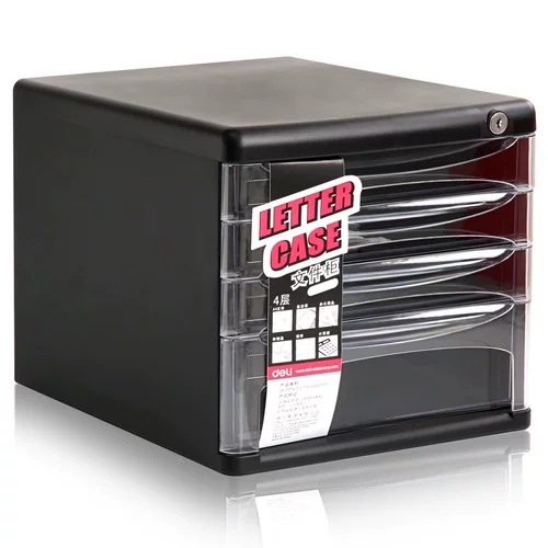 Deli 9794-четыре слоя пластикового файлового шкафа (прозрачный замок для ремня ящика) Черный офис.