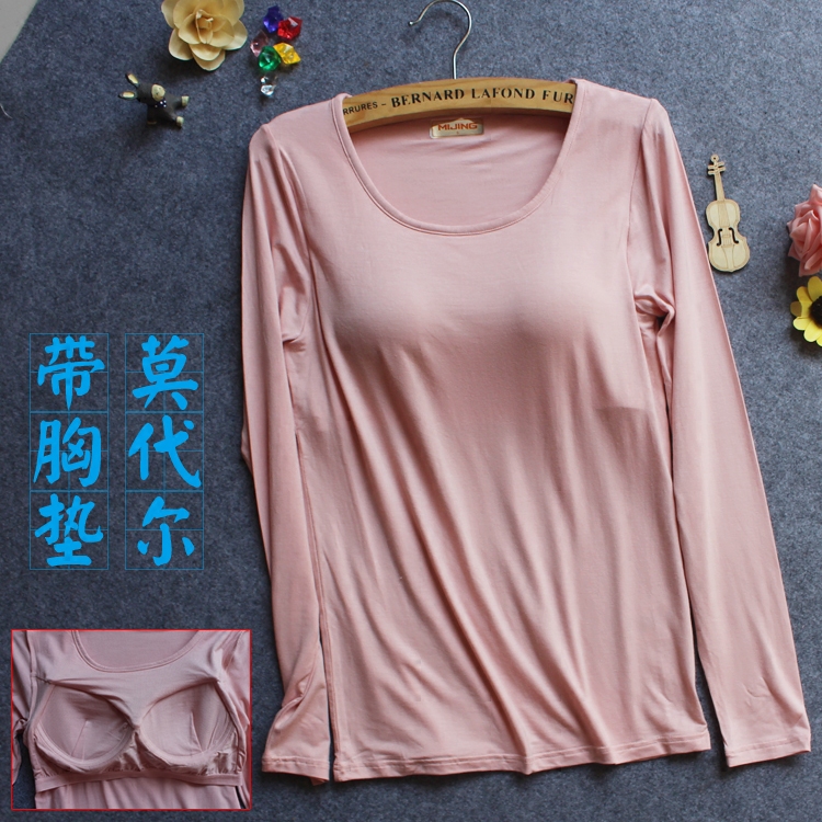Autumn modal with chest pad bra long-sleeved bra-free autumn clothes cup integrated yoga clothes with underwear bottoming shirt
