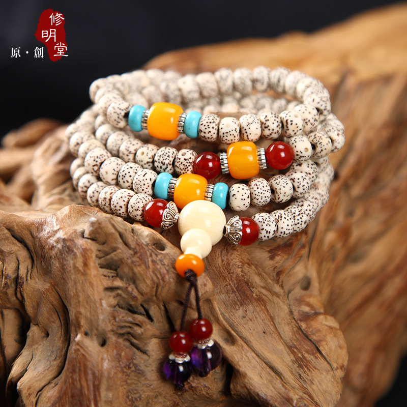 修明堂 开光干磨正月藏银藏式星月菩提108佛珠6*8 星月菩提子手链