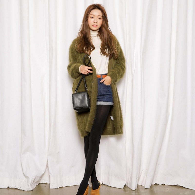 韩国stylenanda官方正品 柔和纯色安哥拉混纺开衫-卡其色