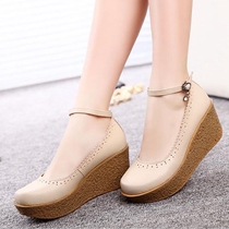 Leather platform shoes thick-soled single shoes womens wedge heel shallow mouth autumn low-top 41-42 yards casual shoes high-heeled large size womens shoes