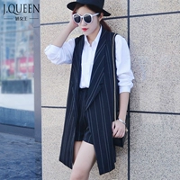 2018 mùa xuân mới retro sọc phù hợp với vest áo khoác kích thước lớn không tay vest quần short hai mảnh phù hợp với nữ áo khoác dài nữ