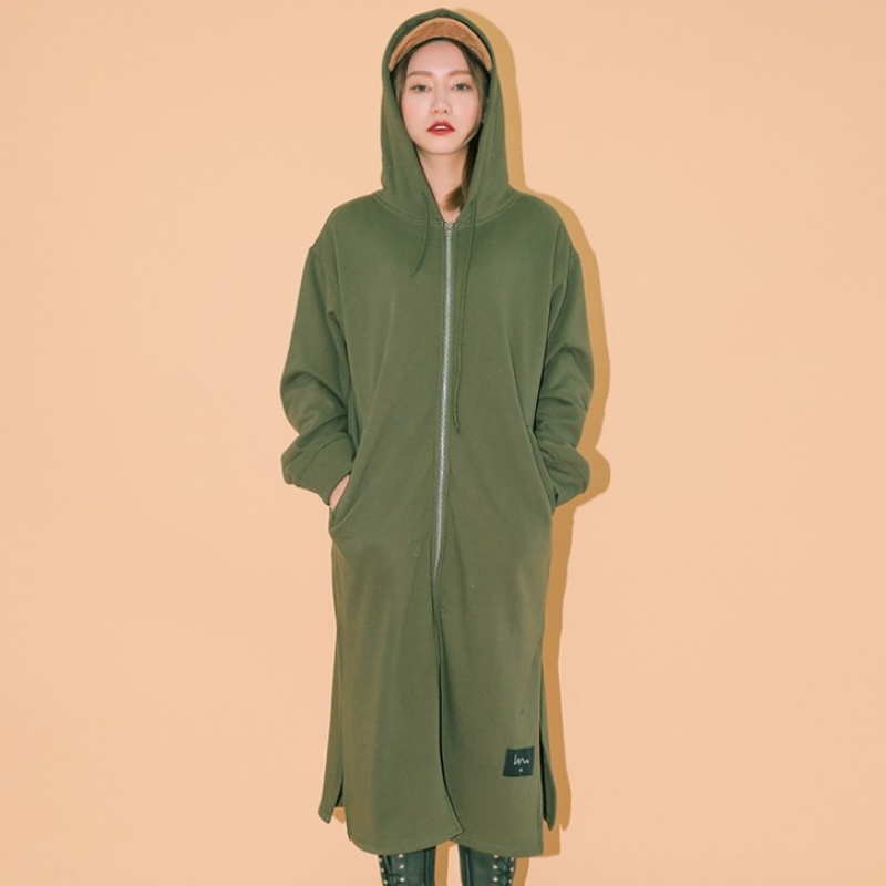 韩国stylenanda官方正品 背部心电图刺绣开衩连帽拉链外套-卡其色