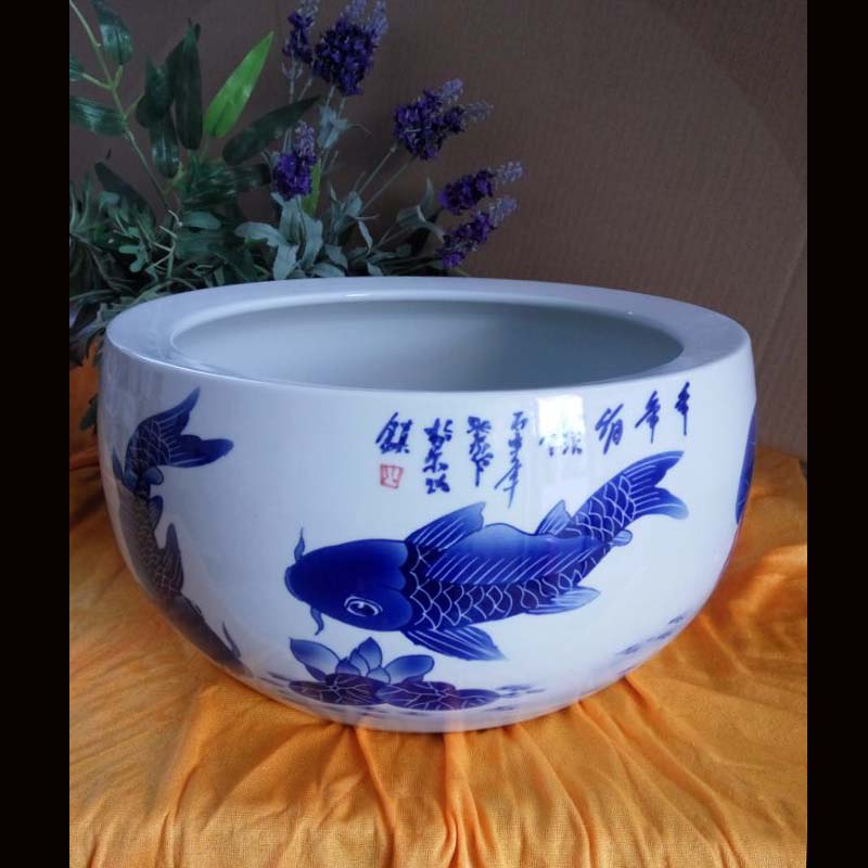 Jingdezhen high-end hand-painted turquoise fish pen wash high-end ceramic porcelain fish tank gold fish tank turtle cylinder culture cylinder-Taobao