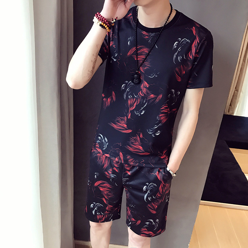 夏季搭配套装男时尚短袖短裤两件套个性男装夏天青年修身运动衣服